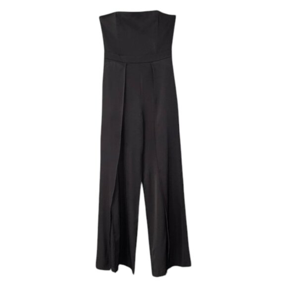 Lulus Black Strapless Wide Leg Jumpsuit Front Slit Evening Cocktail Formal M - Picture 13 of 14